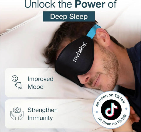 Person wearing 3D Contoured Sleep Mask With Zero Pressure Memory Foam Eyelash Friendly Breathable Blackout For Side Sleepers