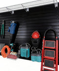 Two Pack PVC Garage Wall Organizer Panels 4 By 8 Ft Heavy Duty Storage System Holds 300 Lbs Per 4x1 Ft Section with tools hanging