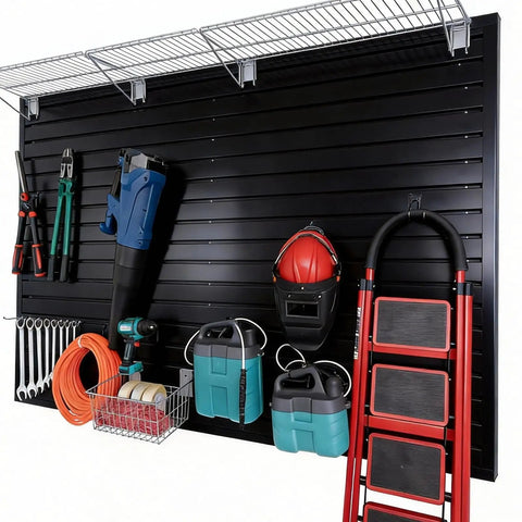 Two Pack PVC Garage Wall Organizer Panels 4 By 8 Ft Heavy Duty Storage System Holds 300 Lbs Per 4x1 Ft Section with tools hanging