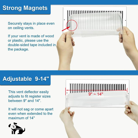 Magnetic Vent Deflector Shields For Floor, Wall, And Ceiling Registers 9 To 14 Inch Adjustable 2 Pack Clear Neodymium Magnets display