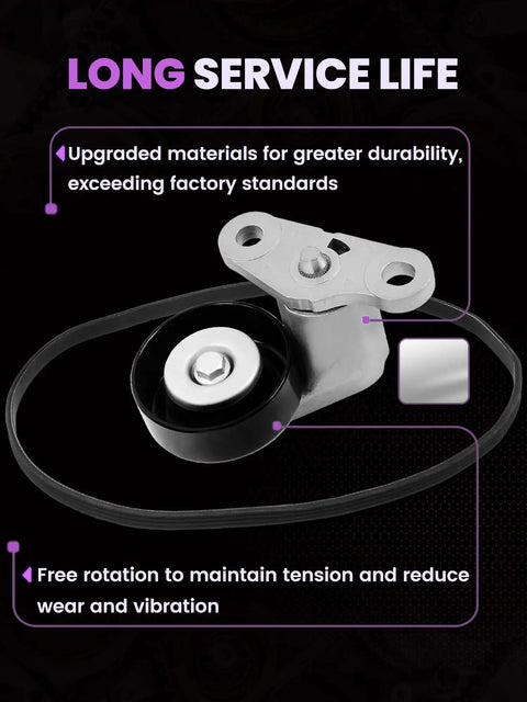 AC Serpentine Drive Belt Tensioner Kit Fits Chevy Silverado Suburban Tahoe GMC Sierra Yukon And Avalanche Escalade 2000 To 2008 Replaces 19311139 90K 38159 Easy Install Plug And Play showing upgraded materials and long service life benefits.