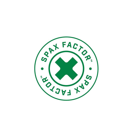 Logo of Spax Factor featuring a green cross in a circular design, brand identity for construction products.