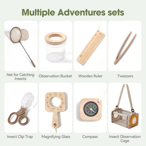 Wooden Bug Catcher Kit For Kids 3 To 8 Ten Piece Durable Outdoor Explorer Set with magnifying glass and net