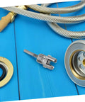 2 Piece Heavy Duty Carbon Steel Pipe Threader Kit For Internal And External Threading shown on blue wood with hose parts.
