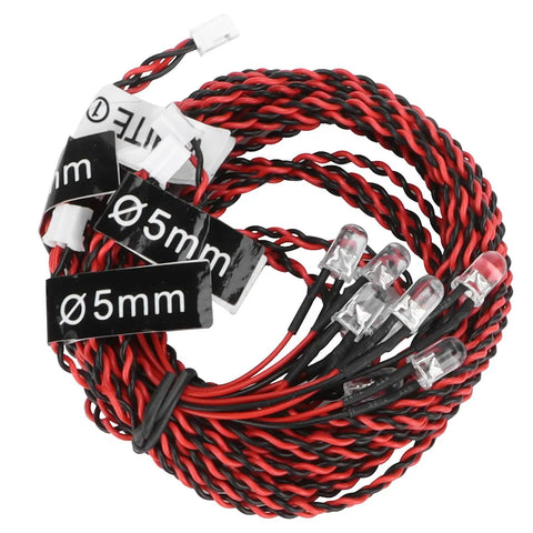 LED Light Kit For RC Airplane Night Flying, Easy Install, Transmitter Channel Controlled Lighting Modes, Helps You Track Direction In Dusk, Durable Aircraft LED System For Kids, featuring twisted red and black wires with attached LED bulbs.