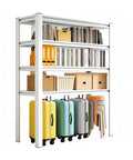 Heavy Duty 4 Tier Metal Garage Storage Shelf Built Like A Tank Carbon Steel Rack With Extra Large Capacity Wobble Free Platform with books and boxes.