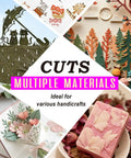 Collage showing paper crafts and clay model, advertising Precision Hobby Knife Set With Ten Extra Blades And A Six Inch Steel Ruler.