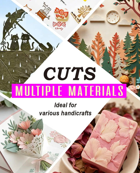 Collage showing paper crafts and clay model, advertising Precision Hobby Knife Set With Ten Extra Blades And A Six Inch Steel Ruler.