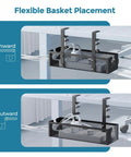 No Drill Metal Under Desk Cable Tray With Rotating Clamp, Power Strip Organizer And Cable Management Tray, black, shown in inward and outward placement under desk