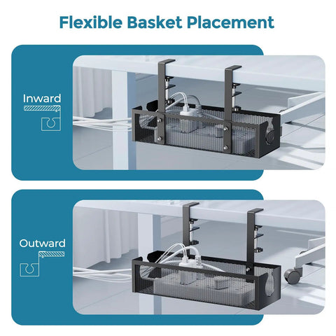 No Drill Metal Under Desk Cable Tray With Rotating Clamp, Power Strip Organizer And Cable Management Tray, black, shown in inward and outward placement under desk
