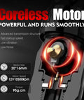 Coreless motor of Titan Tattoo Machine For Pros with advanced transmission structure, low vibration, and motor specs visible.