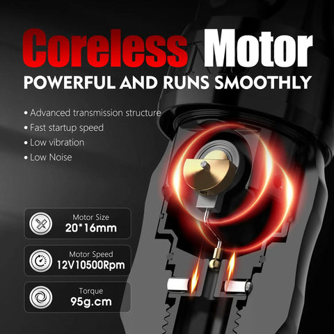 Coreless motor of Titan Tattoo Machine For Pros with advanced transmission structure, low vibration, and motor specs visible.