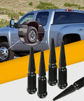 Purple Dope Lug Nuts M14x1.5 32 Piece Set With 1 Socket Key Forged Steel Heat Treated One Piece Construction 60 Degree Conical Seat Closed End Built Tough For Cars Trucks SUVs on display next to a truck.