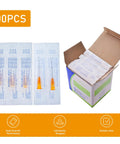 100 Pack 25 Gauge 1/2 Inch Lab Needles With Luer Lock, Disposable, Individually Wrapped, Stainless Steel And Plastic Construction, Compatible With Standard Syringes For Precise Lab Work, boxed and sealed