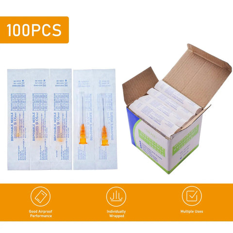 100 Pack 25 Gauge 1/2 Inch Lab Needles With Luer Lock, Disposable, Individually Wrapped, Stainless Steel And Plastic Construction, Compatible With Standard Syringes For Precise Lab Work, boxed and sealed