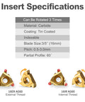 Lathe carbide inserts: two gold-tone tin-coated inserts, 16ER external-thread and 16IR internal-thread.