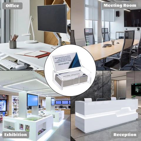 Clear Acrylic Business Card Holder With Display Lid in office, meeting room, exhibition, and reception settings