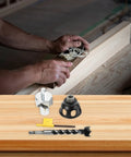 Built Tough Vertical Drill Guide Aluminum Alloy Positioning Jig For Precision Woodworking Doweling with tools on wood surface.
