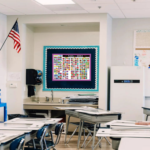 World Flags Poster Laminated 17x24 Inch Dry Erase Chart For Geography Classroom shown on classroom wall