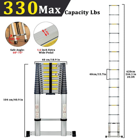 20.3 Ft Aluminum Telescoping Ladder With Stable Hooks, Heavy Duty 330 Lb Capacity, Multi Purpose Foldable Extension Ladder For Home, RV Or Outdoor Work, Lightweight Yet Sturdy, Anti Slip Feet For Safer High Reach. Folded and extended view