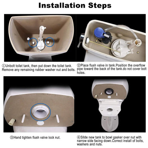 Installation steps for Built Tough Two Inch Toilet Flush Valve Replacement Kit with images of toilet tank and valve positioning.