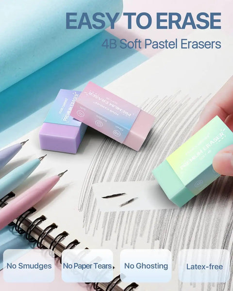 Person erasing pencil lines with Six Cute Mechanical Pencils Set With 0.7mm Lead, 360 Leads And 12 Erasers, Plus Storage Case for Writing