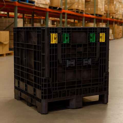 Rugged Collapsible Bulk Storage Container Featuring Four Way Forklift Access And Two Drop Doors Standard Duty Stacking Pallet Box With One Thousand Seven Hundred Pound Capacity in warehouse.