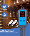 WiFi Temperature Controller ITC-308 With IHC-200 Humidity Controller shown in a wine cellar setting.