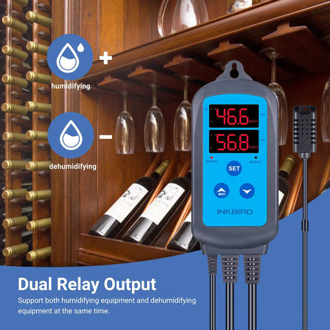WiFi Temperature Controller ITC-308 With IHC-200 Humidity Controller shown in a wine cellar setting.