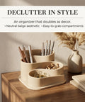 Must Have Aesthetic Desk Organizer For Modern Workspaces With Boho Pen Holder And Neutral Beige Desk Accessories on wooden desk