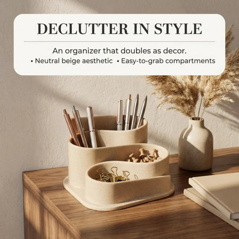 Must Have Aesthetic Desk Organizer For Modern Workspaces With Boho Pen Holder And Neutral Beige Desk Accessories on wooden desk