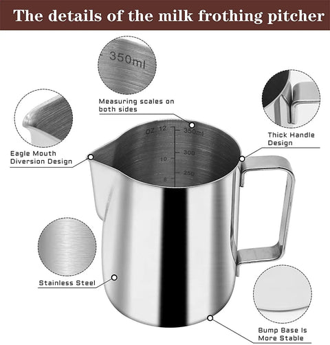 Stainless steel 350ml milk frothing pitcher with detailed design elements for 51mm Coffee Tamper Set for Portafilter Espresso Machines