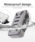 Double Sided Waterproof Tackle Storage Box With 16 Compartments, Heavy Duty Latch, Gray, shown closed in water splash.