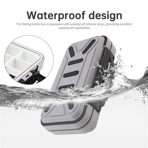 Double Sided Waterproof Tackle Storage Box With 16 Compartments, Heavy Duty Latch, Gray, shown closed in water splash.
