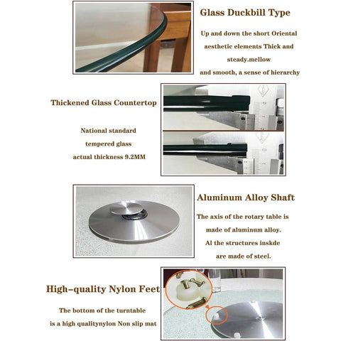 Round Tempered Glass Lazy Susan For Dining Table 31 To 43 Inch with smooth edges and aluminum shaft details