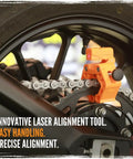 Keep Your Ride Rolling Smooth With This Universal Motorcycle Laser Wheel Alignment Tool Engineered For Dead Nuts Sprocket Tracking And Belt Drive Tuning, orange laser tool on motorcycle chain.