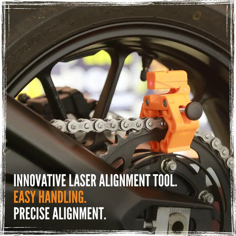 Keep Your Ride Rolling Smooth With This Universal Motorcycle Laser Wheel Alignment Tool Engineered For Dead Nuts Sprocket Tracking And Belt Drive Tuning, orange laser tool on motorcycle chain.
