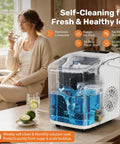 No-Hassle Portable Countertop Ice Maker With Scoop And Carry Handle, Fast Six Minute Freeze, Up To Twenty-Six Pounds Daily Output, Two Cube Sizes For Kitchens, Offices Or Chill Weekend Hangouts, featuring self-cleaning function and water tank.