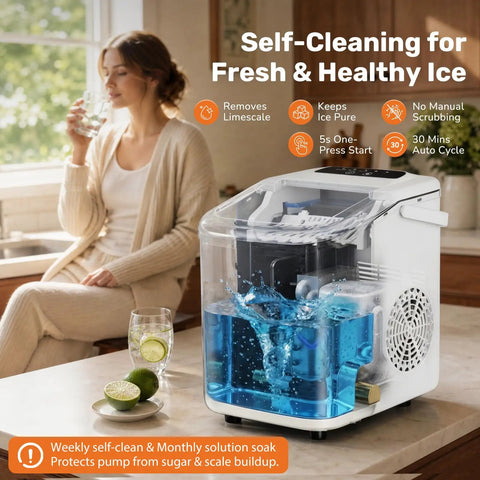 No-Hassle Portable Countertop Ice Maker With Scoop And Carry Handle, Fast Six Minute Freeze, Up To Twenty-Six Pounds Daily Output, Two Cube Sizes For Kitchens, Offices Or Chill Weekend Hangouts, featuring self-cleaning function and water tank.