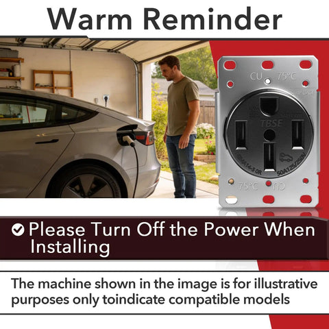 Man checking Nema 14-50R Straight Blade Receptacle, 50 Amp 125/250V Electric Vehicle Socket For Rvs during EV charging in garage.