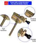 Front view of Belleone #35 roller chain tool with chain breaker; anodized gold surface and hex nut fixation