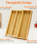 Expandable Bamboo Silverware Drawer Organizer Tray for Kitchen Utensils with adjustable dividers, wooden flatware holder