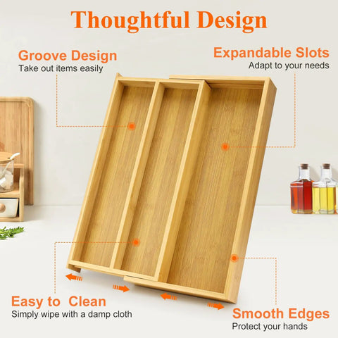 Expandable Bamboo Silverware Drawer Organizer Tray for Kitchen Utensils with adjustable dividers, wooden flatware holder