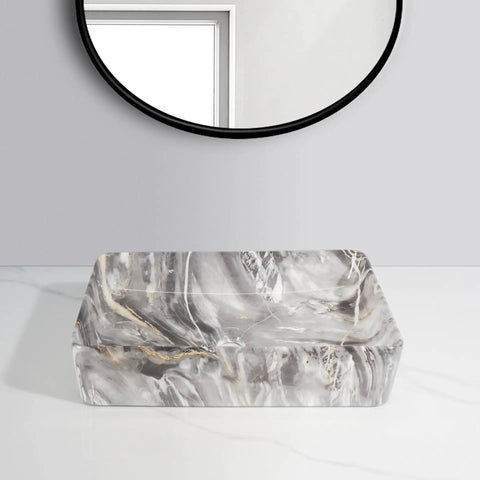 USZWBY Vessel Sinks Marble Pattern Modern Simple Wash Basin Table Bathroom Balcony Square Ceramic Bathroom Bowl Sink on a marble countertop.
