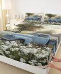 Farmhouse Queen Size Bed Sheets Set With Floral White Flowers And Blue Car Print in cozy bedroom setting