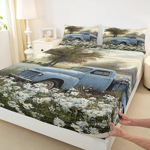 Farmhouse Queen Size Bed Sheets Set With Floral White Flowers And Blue Car Print in cozy bedroom setting