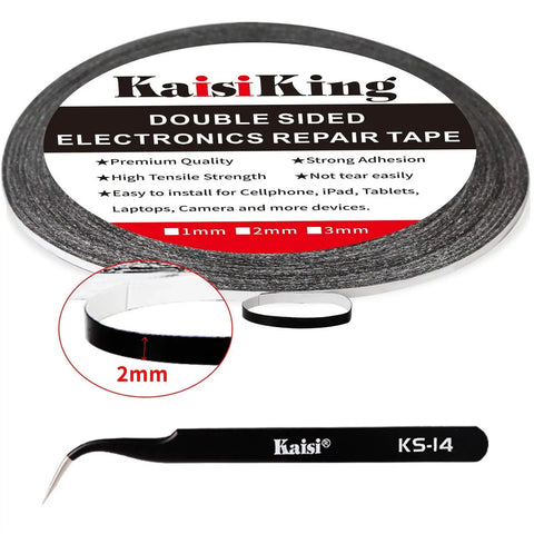 2mm LCD Repair Tape Kit With Tweezers For Screens showing the roll of black tape and precision tweezers, ideal for electronics.