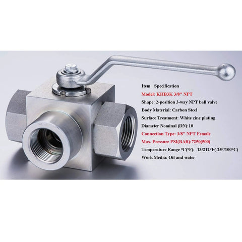 3-way high-pressure ball valve with lever, 3/8 in NPT female ports, carbon steel, white zinc plated, front view