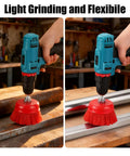 4 Inch Nylon Filament Cup Brush Set in use on metal surface, showing coarse abrasive nylon bristles attached to drill.