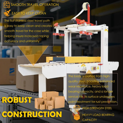Rock Solid Automatic Carton Sealer Machine For Shipping Boxes And Cases Top And Bottom Continuous Tape Dispenser showing smooth stainless steel travel path.